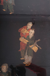 A Chinese polychrome painted lacquer panel mounted as a table, Qing and 20th C.