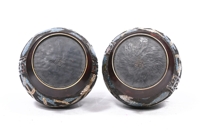 A pair of Chinese cloisonn&eacute; tulip-shaped vases and a pair of Japanese champlev&eacute; 'dragon' vases, 19th/20th C.