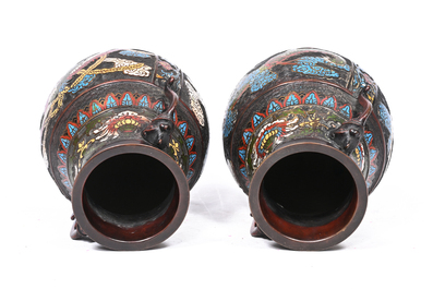 A pair of Chinese cloisonn&eacute; tulip-shaped vases and a pair of Japanese champlev&eacute; 'dragon' vases, 19th/20th C.