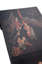 A Chinese polychrome painted lacquer panel mounted as a table, Qing and 20th C.