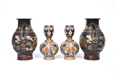 A pair of Chinese cloisonn&eacute; tulip-shaped vases and a pair of Japanese champlev&eacute; 'dragon' vases, 19th/20th C.