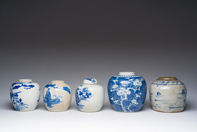 Five Chinese blue and white jars with figurative and floral design, 19th/20th C.