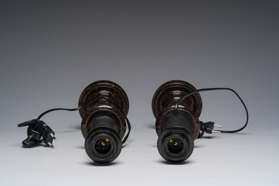 A pair of serpentine candlesticks mounted into table lamps, 19th C.