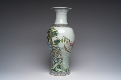 A Chinese famille rose baluster vase with Immortals in a palace garden, Qianlong mark, Republic, 20th C.