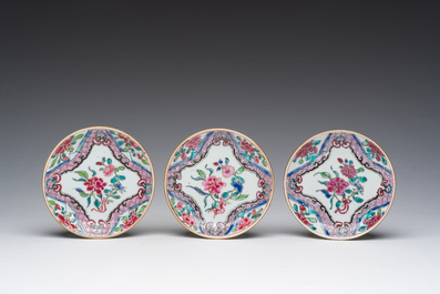 Three Chinese famille rose cups and saucers with floral design, Qianlong