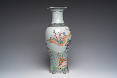 A Chinese famille rose baluster vase with Immortals in a palace garden, Qianlong mark, Republic, 20th C.
