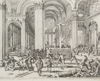 Deux gravures encadr&eacute;es repr&eacute;sentant des vues d'Anvers et une de la Grande Iconoclasme d'apr&egrave;s Jan Luyken, 19&egrave;me si&egrave;cle