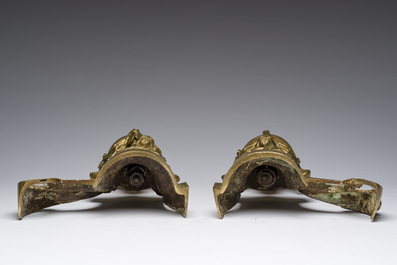 A pair of French Louis XVI style gilt bronze andirons with lion heads and garlands, ca. 1900