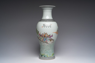 A Chinese famille rose baluster vase with Immortals in a palace garden, Qianlong mark, Republic, 20th C.