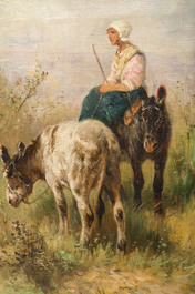 Henry Schouten (1860-1927): Berg&egrave;re avec ses deux &acirc;nes dans un paysage, huile sur toile