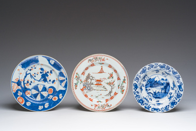 Six Chinese blue, white, famille verte and Imari style plates with landscapes, figures and floral design, Kangxi/Qianlong