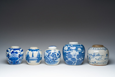 Five Chinese blue and white jars with figurative and floral design, 19th/20th C.