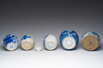 Five Chinese blue and white jars with figurative and floral design, 19th/20th C.