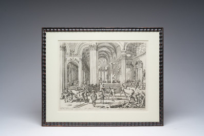 Deux gravures encadr&eacute;es repr&eacute;sentant des vues d'Anvers et une de la Grande Iconoclasme d'apr&egrave;s Jan Luyken, 19&egrave;me si&egrave;cle
