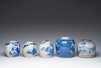 Five Chinese blue and white jars with figurative and floral design, 19th/20th C.