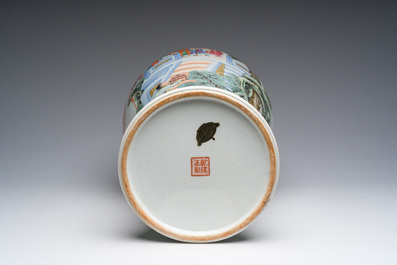 A Chinese famille rose baluster vase with Immortals in a palace garden, Qianlong mark, Republic, 20th C.