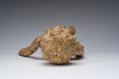 Mannequin en bois sculpt&eacute; et polychrome repr&eacute;sentant J&eacute;sus enfant, dot&eacute; d'un m&eacute;canisme &agrave; double mouvement, 19&egrave;me si&egrave;cle