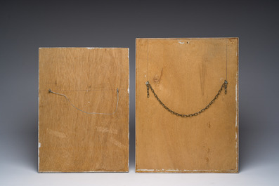 Deux tableaux de carreaux en fa&iuml;ence de Delft polychrome figurant une pendule et en mangan&egrave;se figurant 'La Crucifixion', Pays-Bas, 18&egrave;me/19&egrave;me si&egrave;cle