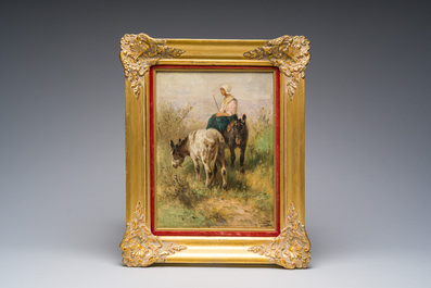 Henry Schouten (1860-1927): Berg&egrave;re avec ses deux &acirc;nes dans un paysage, huile sur toile