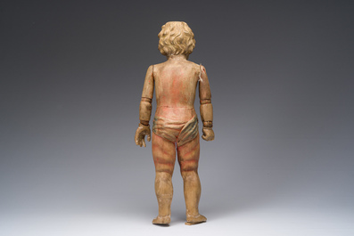 Mannequin en bois sculpt&eacute; et polychrome repr&eacute;sentant J&eacute;sus enfant, dot&eacute; d'un m&eacute;canisme &agrave; double mouvement, 19&egrave;me si&egrave;cle