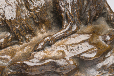 Europese school, gesigneerd Buci (19de/20ste eeuw): Twee groepen met schapen, bruingepatineerd brons op een roodmarmeren voet, ca. 1900