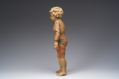 Mannequin en bois sculpt&eacute; et polychrome repr&eacute;sentant J&eacute;sus enfant, dot&eacute; d'un m&eacute;canisme &agrave; double mouvement, 19&egrave;me si&egrave;cle