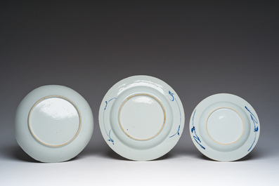 Six Chinese blue, white, famille verte and Imari style plates with landscapes, figures and floral design, Kangxi/Qianlong