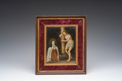 &Eacute;cole flamande: L'apparition du Christ &agrave; sainte Th&eacute;r&egrave;se d'Avila, huile sur cuivre, 17&egrave;me si&egrave;cle