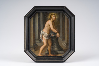 Ecole flamande: Le Christ aux liens, huile sur cuivre, 17&egrave;me si&egrave;cle