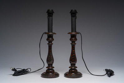 A pair of serpentine candlesticks mounted into table lamps, 19th C.