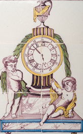 Deux tableaux de carreaux en fa&iuml;ence de Delft polychrome figurant une pendule et en mangan&egrave;se figurant 'La Crucifixion', Pays-Bas, 18&egrave;me/19&egrave;me si&egrave;cle