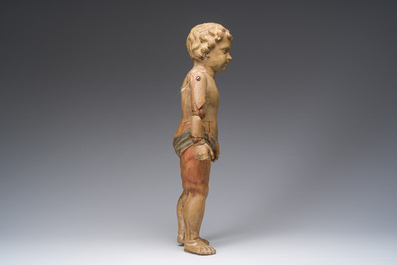 Mannequin en bois sculpt&eacute; et polychrome repr&eacute;sentant J&eacute;sus enfant, dot&eacute; d'un m&eacute;canisme &agrave; double mouvement, 19&egrave;me si&egrave;cle