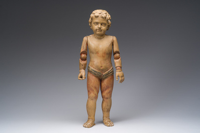 Mannequin en bois sculpt&eacute; et polychrome repr&eacute;sentant J&eacute;sus enfant, dot&eacute; d'un m&eacute;canisme &agrave; double mouvement, 19&egrave;me si&egrave;cle