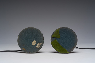 A pair of serpentine candlesticks mounted into table lamps, 19th C.