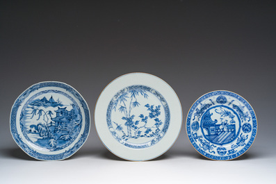Six Chinese blue, white, famille verte and Imari style plates with landscapes, figures and floral design, Kangxi/Qianlong