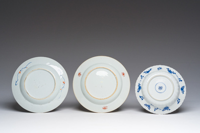 Six Chinese blue, white, famille verte and Imari style plates with landscapes, figures and floral design, Kangxi/Qianlong