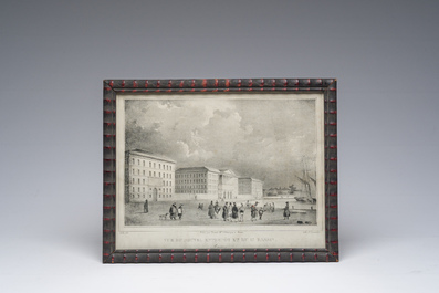 Deux gravures encadr&eacute;es repr&eacute;sentant des vues d'Anvers et une de la Grande Iconoclasme d'apr&egrave;s Jan Luyken, 19&egrave;me si&egrave;cle