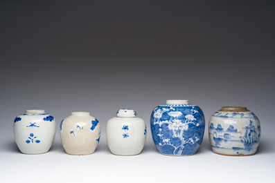 Five Chinese blue and white jars with figurative and floral design, 19th/20th C.