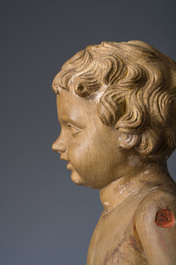 Mannequin en bois sculpt&eacute; et polychrome repr&eacute;sentant J&eacute;sus enfant, dot&eacute; d'un m&eacute;canisme &agrave; double mouvement, 19&egrave;me si&egrave;cle