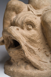 Ecole fran&ccedil;aise: Triton sur un dauphin, terre cuite &agrave; patine, 19&egrave;me si&egrave;cle