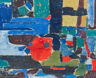 Beatrice P. de Morchoven (1943): Composition, huile s. toile, d. 1969 &amp; Guy Vandenbranden (1926-2014): Comp., s&eacute;rigraphie, &eacute;d. 64/100, d. (19)73