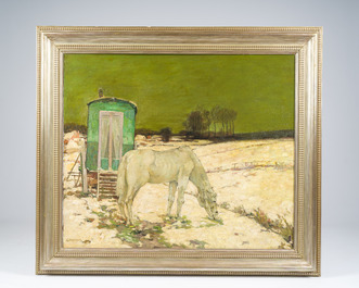 Oscar Coddron (1881-1960): Snow landscape with a horse and a caravan, oil on canvas