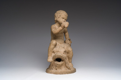 Ecole fran&ccedil;aise: Triton sur un dauphin, terre cuite &agrave; patine, 19&egrave;me si&egrave;cle