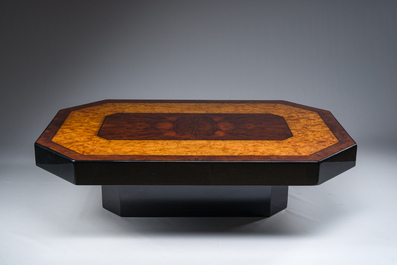 An octagonal Art Deco style burl veneered and lacquered wooden coffee table, 1970s
