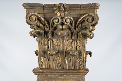 A square wooden column with green faux marble painting topped with a gilded Corinthian capital, 20th C.