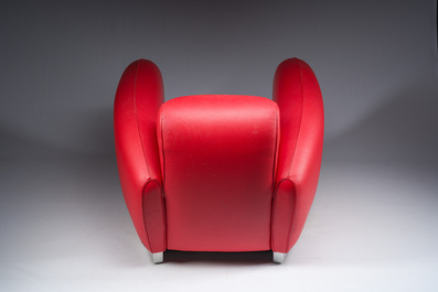 Franz Romero (1951): Fauteuil lounge Bugatti DS-57 en cuir rouge et aluminium poli, De Sede, Suisse