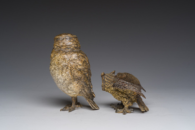 Franz Xaver Bergmann (1861-1936): Twee Weense polychroom koud beschilderde bronzen modellen van uilen, 19de/20ste eeuw