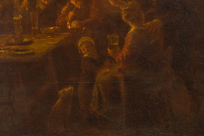 Belgian school: Interior with a merry band by candlelight, oil on panel, 19th C.