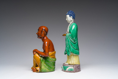 Two Chinese sancai pottery and verte biscuit figures, 19th C.