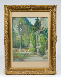 Belgische school, onleesbaar gesigneerd: Park met figuren in de zomer, olie op papier, gedateerd (19)59